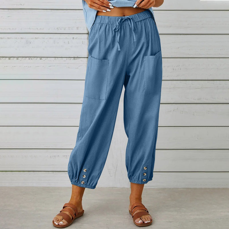 Penelope | Wide Leg Linen Cropped Trousers Elasticated Waist Pants — Denim Blue