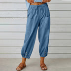 Penelope | Wide Leg Linen Cropped Trousers Elasticated Waist Pants — Denim Blue