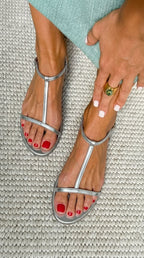 Ghislaine | Strappy Flat Sandals Low Heel Silver Mid Occasion — Silver