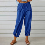 Penelope | Wide Leg Linen Cropped Trousers Elasticated Waist Pants — Sapphire Blue