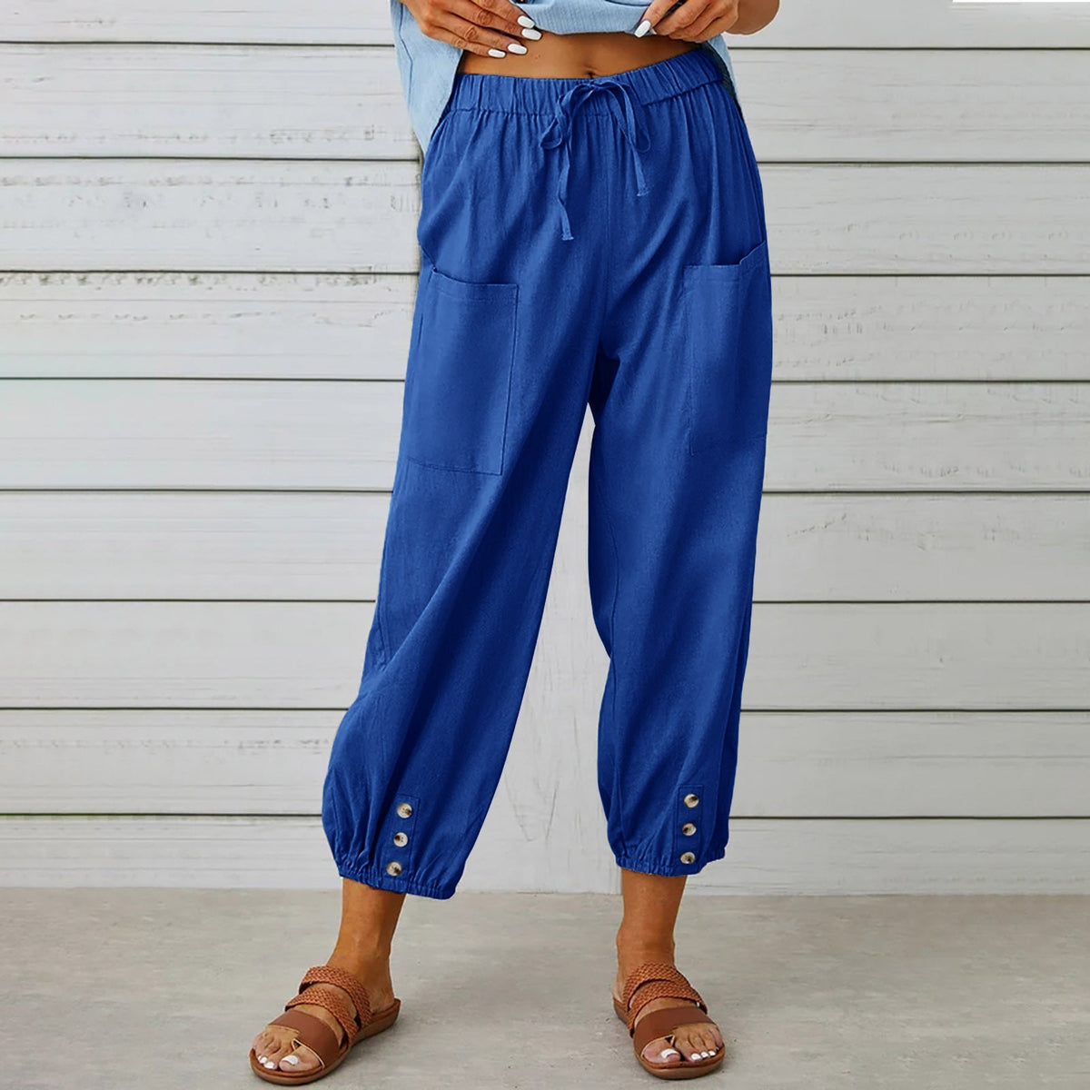 Penelope | Wide Leg Linen Cropped Trousers Elasticated Waist Pants — Sapphire Blue