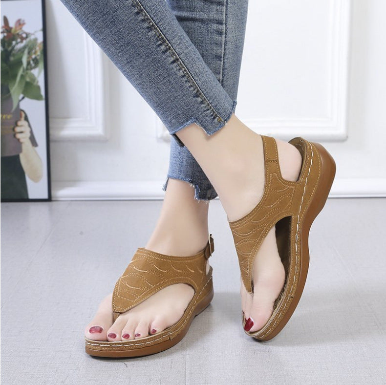 Ingrid | Women Two-Tone Leather Low Heel Roman Sandals — Khaki