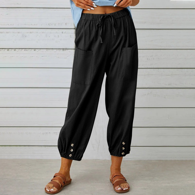 Penelope | Wide Leg Linen Cropped Trousers Elasticated Waist Pants — Black
