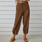 Penelope | Wide Leg Linen Cropped Trousers Elasticated Waist Pants — Brown