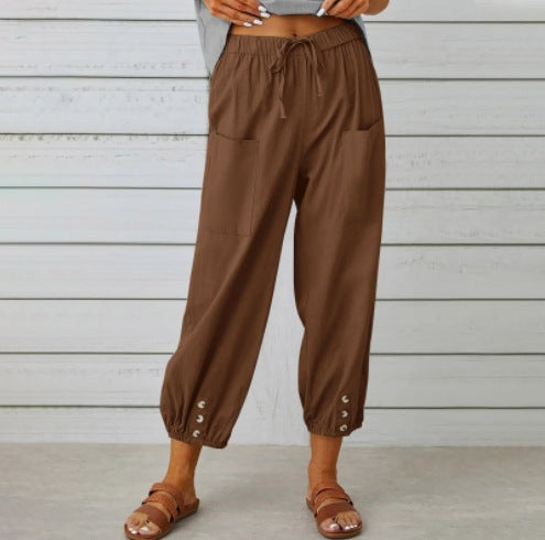 Penelope | Wide Leg Linen Cropped Trousers Elasticated Waist Pants — Brown