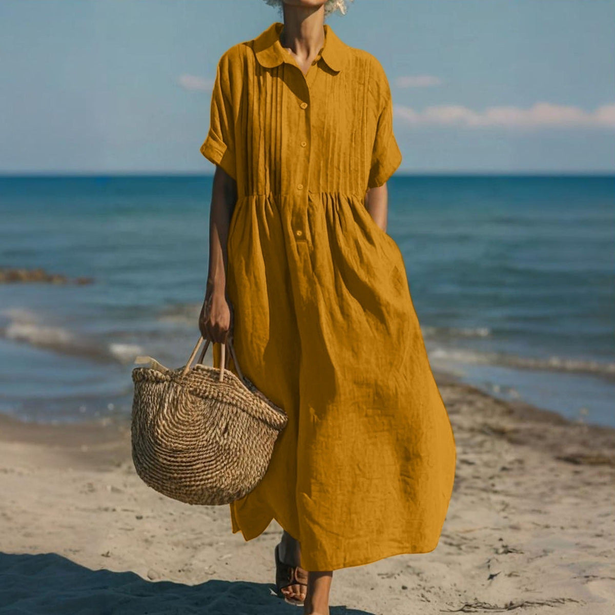 Aurelia | Linen Pintuck Maxi Midi Shirt Dress — Orange