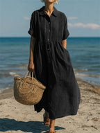 Aurelia | Linen Pintuck Maxi Midi Shirt Dress — Black