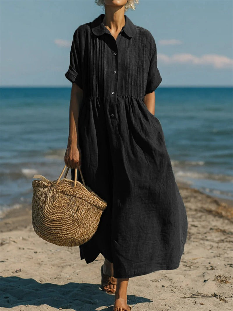 Aurelia | Linen Pintuck Maxi Midi Shirt Dress — Black
