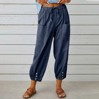 Penelope | Wide Leg Linen Cropped Trousers Elasticated Waist Pants — Dark Blue