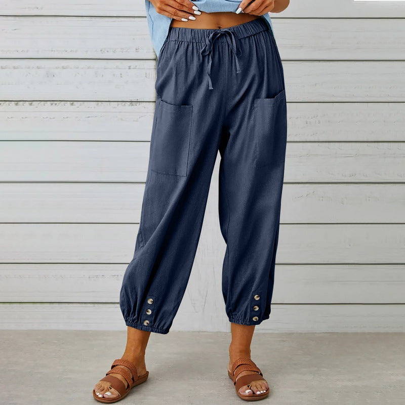 Penelope | Wide Leg Linen Cropped Trousers Elasticated Waist Pants — Dark Blue