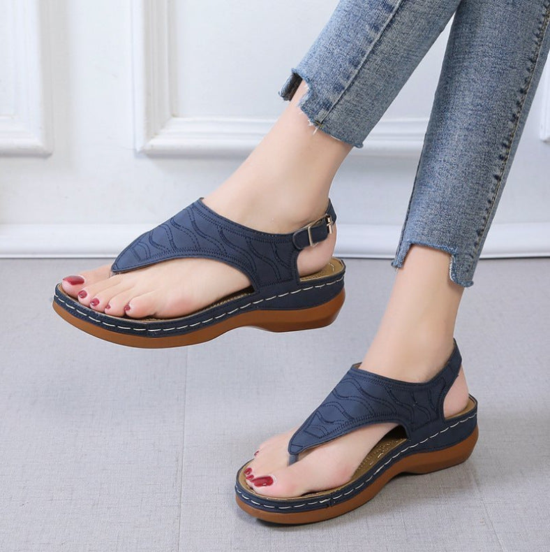 Ingrid | Women Two-Tone Leather Low Heel Roman Sandals — Navy Blue