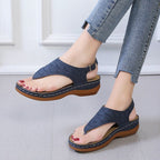 Ingrid | Women Two-Tone Leather Low Heel Roman Sandals — Navy Blue