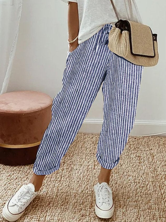 Albane | White Pink Cream Wide Leg Linen Pants Women Summer — Blue (Striped)