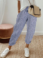 Albane | White Pink Cream Wide Leg Linen Pants Women Summer — Blue (Striped)