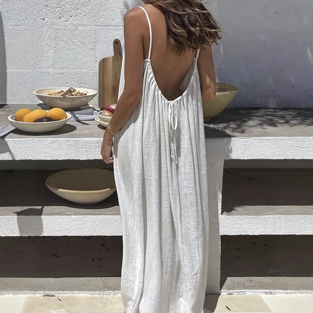 Adeline | Low Back Linen Blend Open Backless Shirt Dress