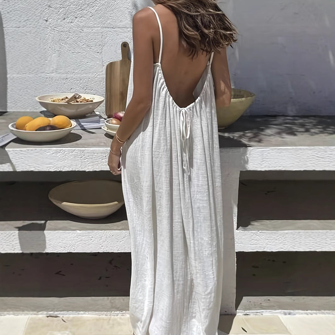 Adeline | Low Back Linen Blend Open Backless Shirt Dress
