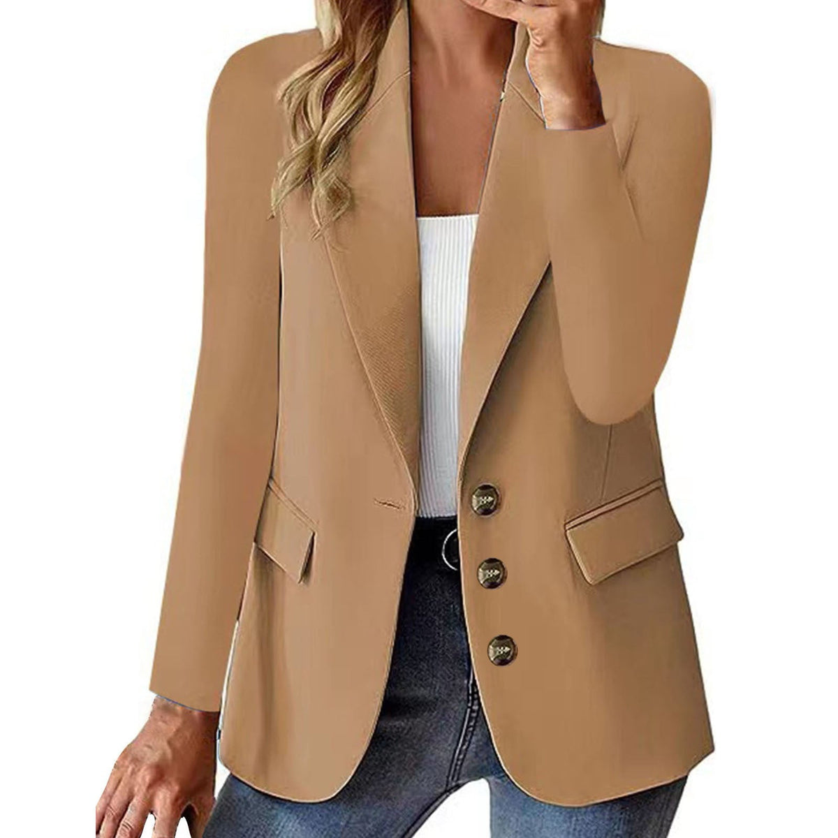 Georgiana | Summer Tailored Black Leather Blazer Fashion Jacket — Khaki