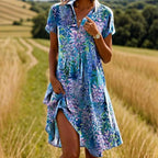 Wilhelmina | Blue Pink Midi Summer Wedding Guest Dress — Azure Bloom