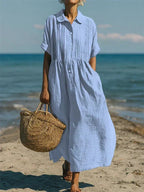 Aurelia | Linen Pintuck Maxi Midi Shirt Dress — Light Blue