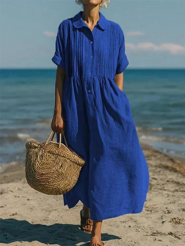 Aurelia | Linen Pintuck Maxi Midi Shirt Dress — Blue