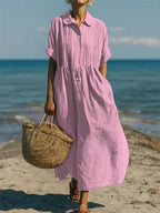 Aurelia | Linen Pintuck Maxi Midi Shirt Dress — Pink