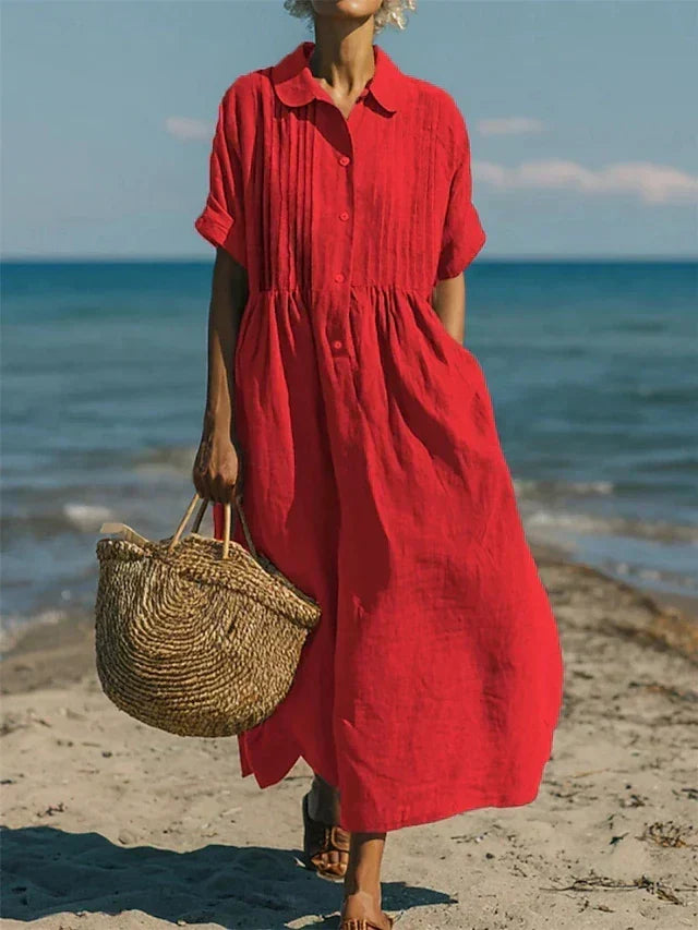 Aurelia | Linen Pintuck Maxi Midi Shirt Dress — Red