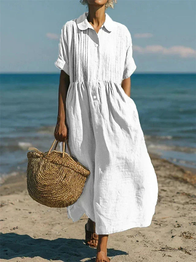 Aurelia | Linen Pintuck Maxi Midi Shirt Dress