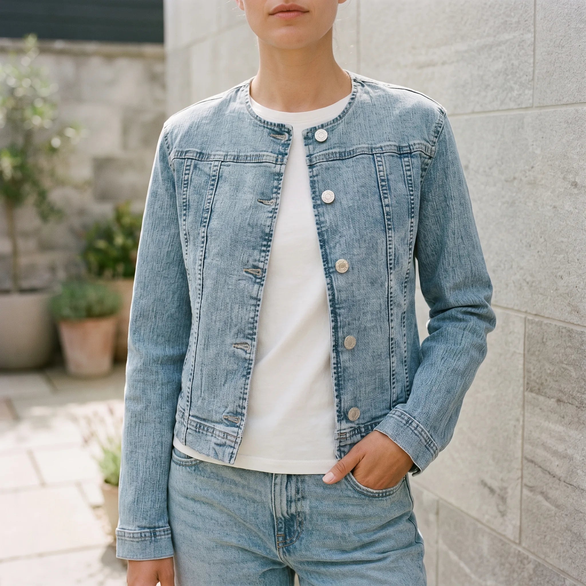 AzuraCrop - Collarless Lightweight Denim Style Jacket