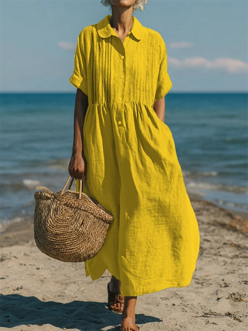 Aurelia | Linen Pintuck Maxi Midi Shirt Dress — Yellow