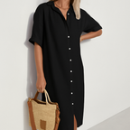 Solene | Linen Shirt Dress White Black Relaxed Midi — Black