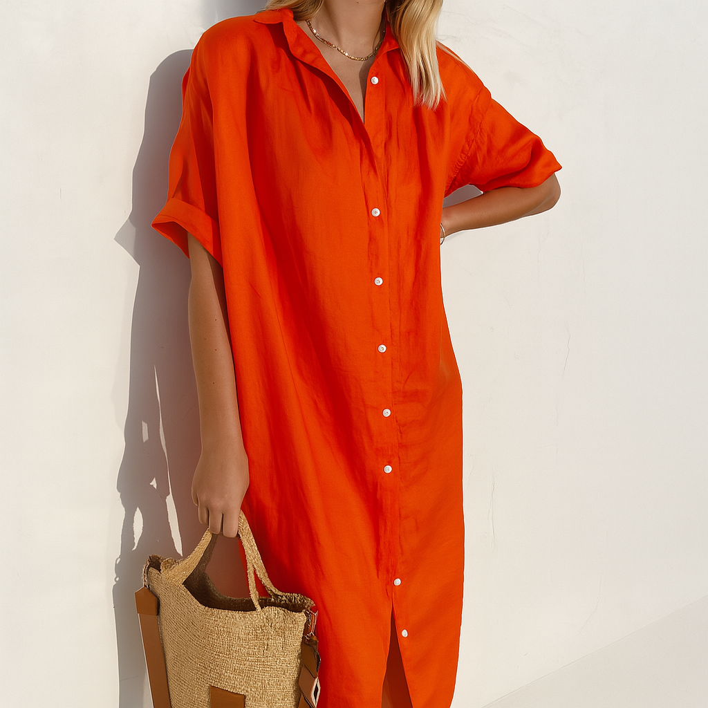Solene | Linen Shirt Dress White Black Relaxed Midi — Red