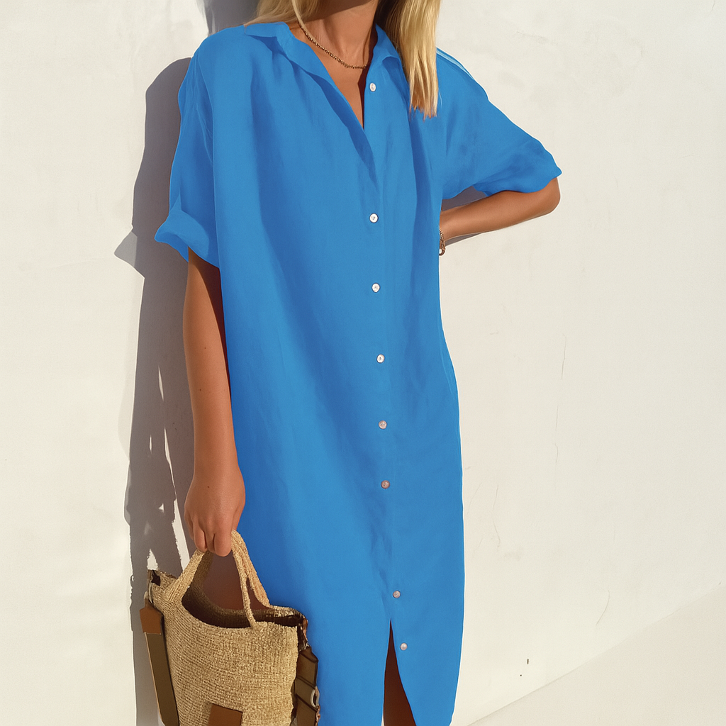 Solene | Linen Shirt Dress White Black Relaxed Midi — Blue