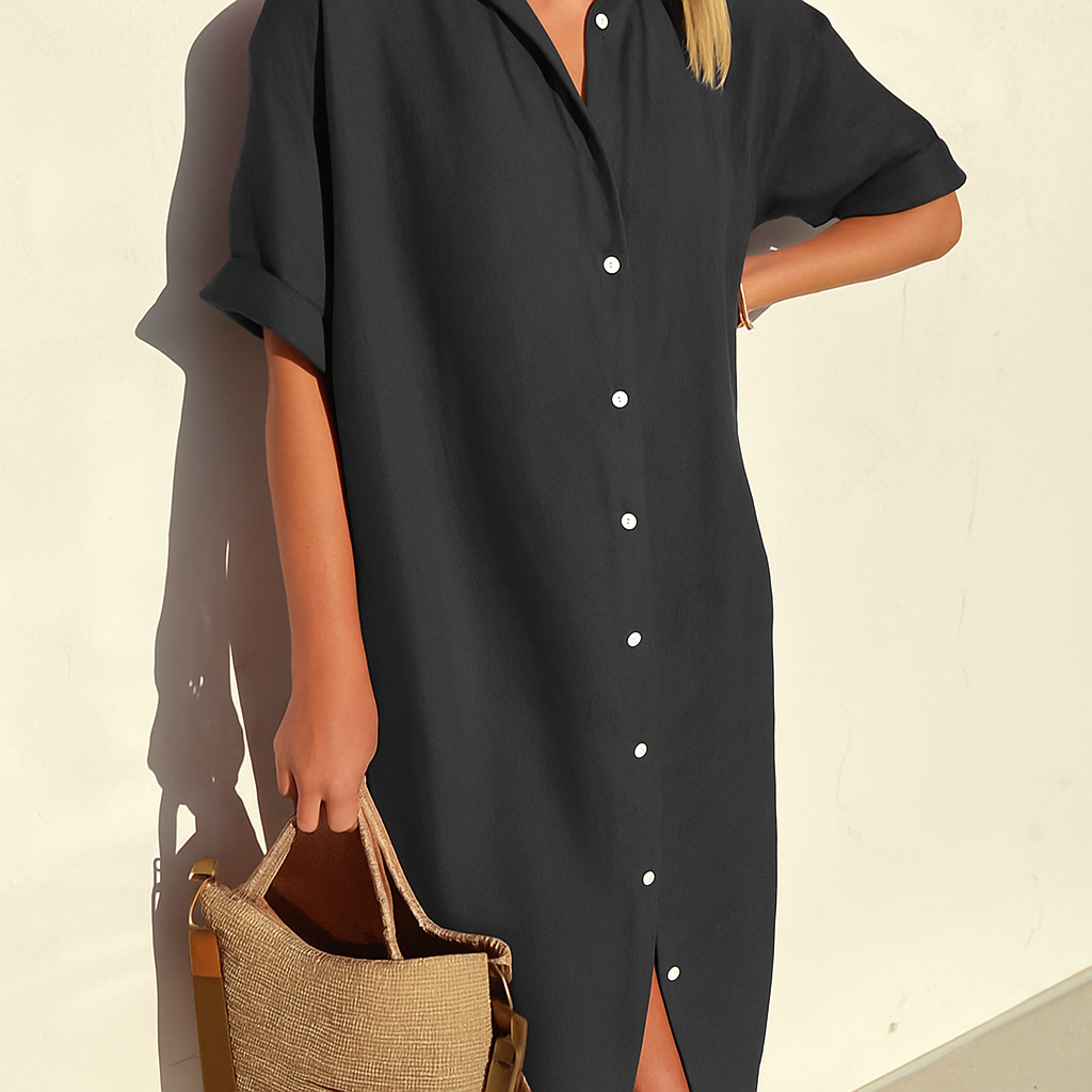 Solene | Linen Shirt Dress White Black Relaxed Midi — Gray