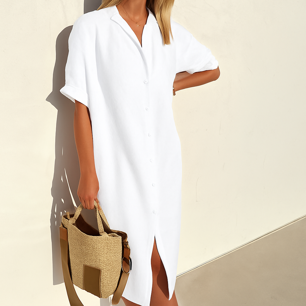Solene | Linen Shirt Dress White Black Relaxed Midi — White