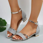 Camille | Low Block Heel Strappy Sandals Black Brown Pink — Silver