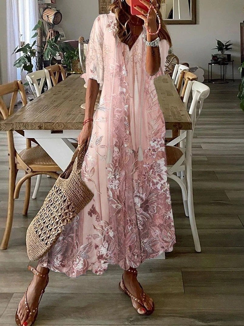 Fenella | Elegant White Black Tiered Midi Cocktail Dresses — Floral Pink