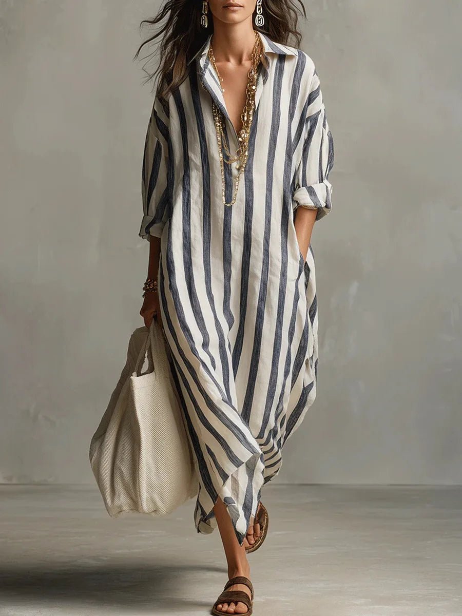 Quintessa | Linen Striped Maxi Shirt Dress Holiday Midi Style — Blue