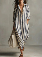 Quintessa | Linen Striped Maxi Shirt Dress Holiday Midi Style — Blue