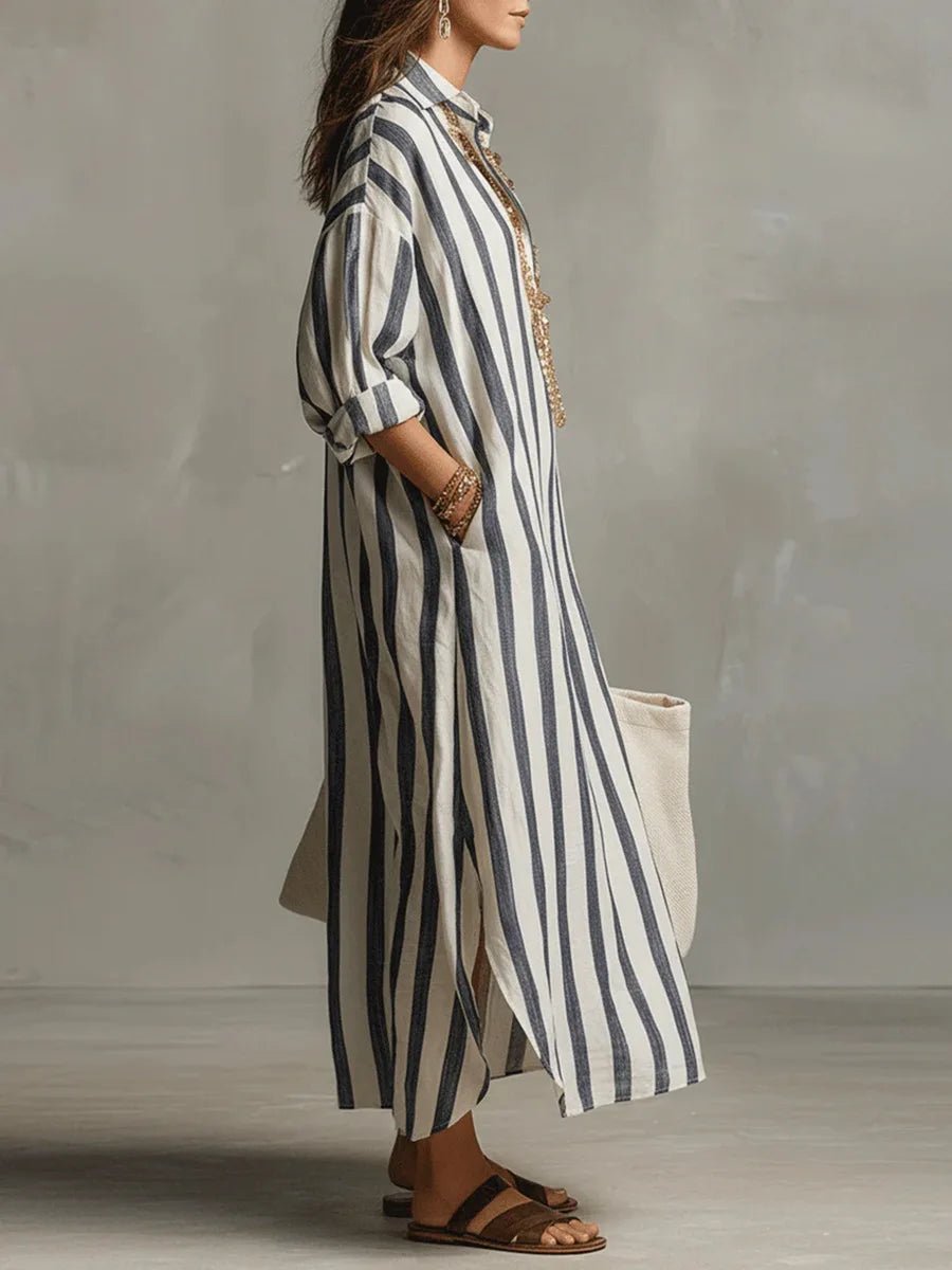 Quintessa | Linen Striped Maxi Shirt Dress Holiday Midi Style