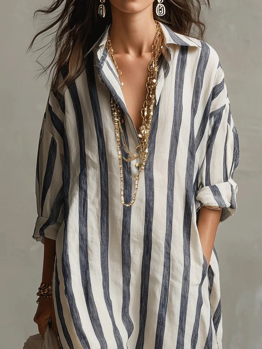 Quintessa | Linen Striped Maxi Shirt Dress Holiday Midi Style