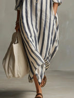 Quintessa | Linen Striped Maxi Shirt Dress Holiday Midi Style