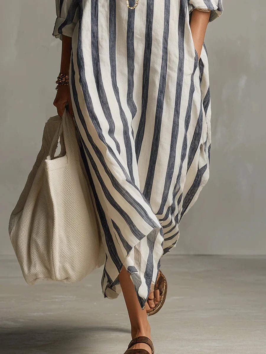 Quintessa | Linen Striped Maxi Shirt Dress Holiday Midi Style