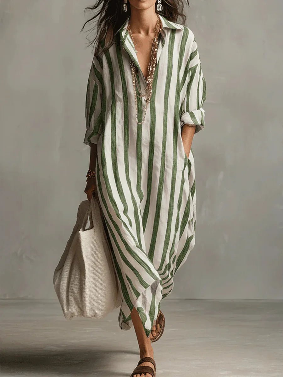 Quintessa | Linen Striped Maxi Shirt Dress Holiday Midi Style — Green