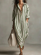 Quintessa | Linen Striped Maxi Shirt Dress Holiday Midi Style — Green