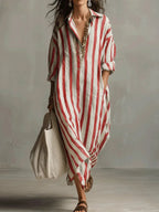 Quintessa | Linen Striped Maxi Shirt Dress Holiday Midi Style — Red
