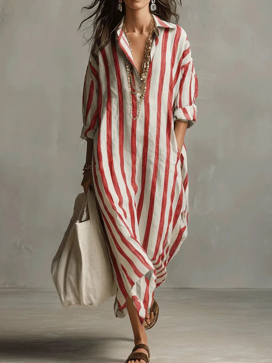 Quintessa | Linen Striped Maxi Shirt Dress Holiday Midi Style — Red