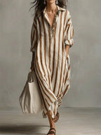 Quintessa | Linen Striped Maxi Shirt Dress Holiday Midi Style — Earthy Yellow