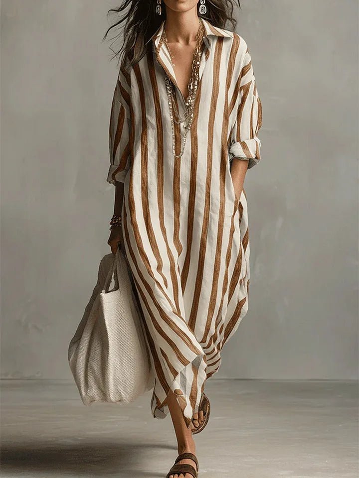 Quintessa | Linen Striped Maxi Shirt Dress Holiday Midi Style — Earthy Yellow