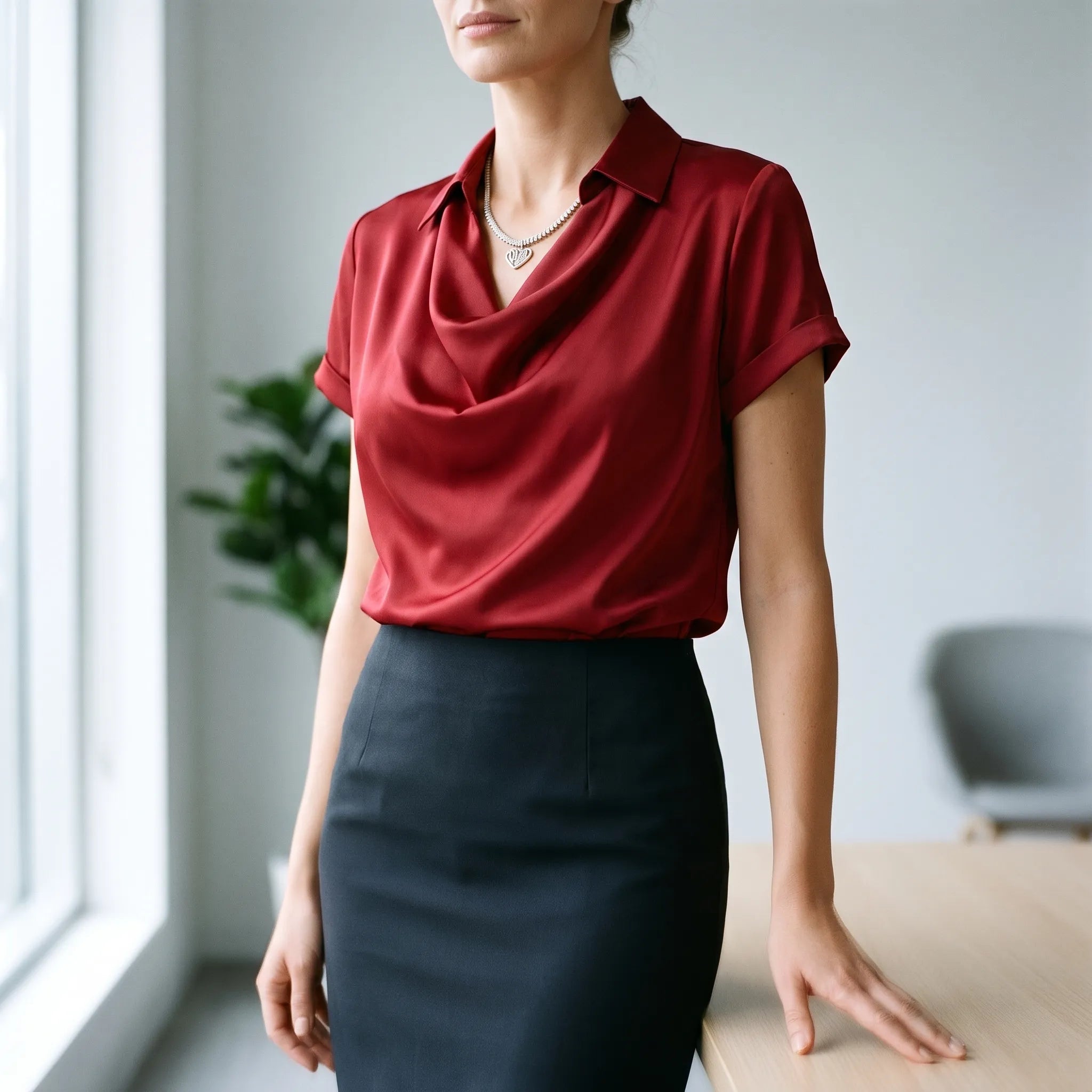 Lumira - Short Sleeve Draped Collar Blouse
