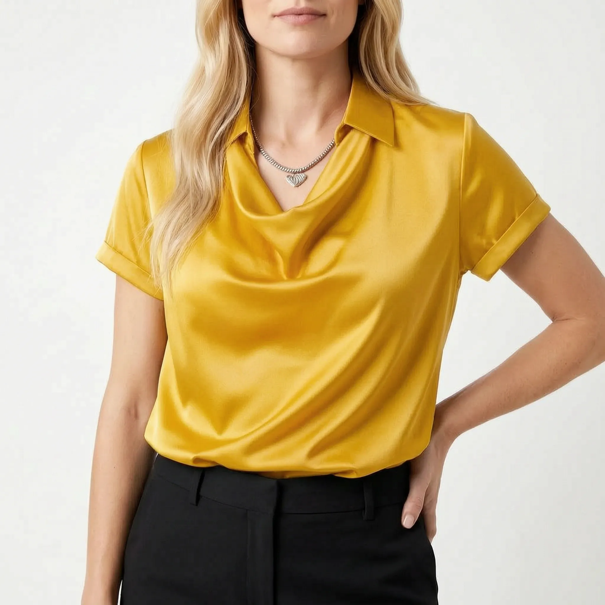 Lumira - Short Sleeve Draped Collar Blouse